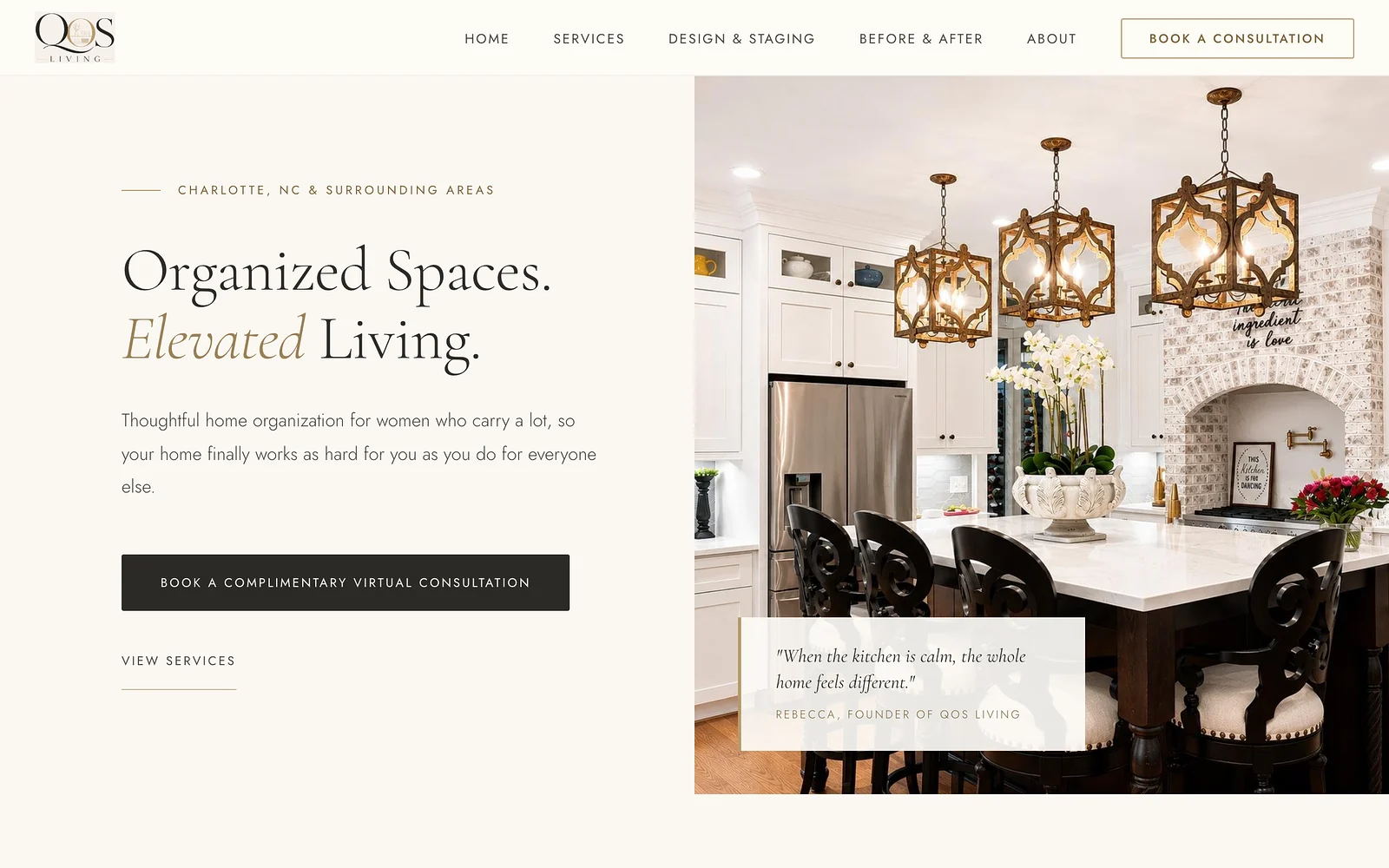 QoS Living homepage: the headline “Organized Spaces. Elevated Living.” beside a bright, organized kitchen, with a “Book a Complimentary Virtual Consultation” button.