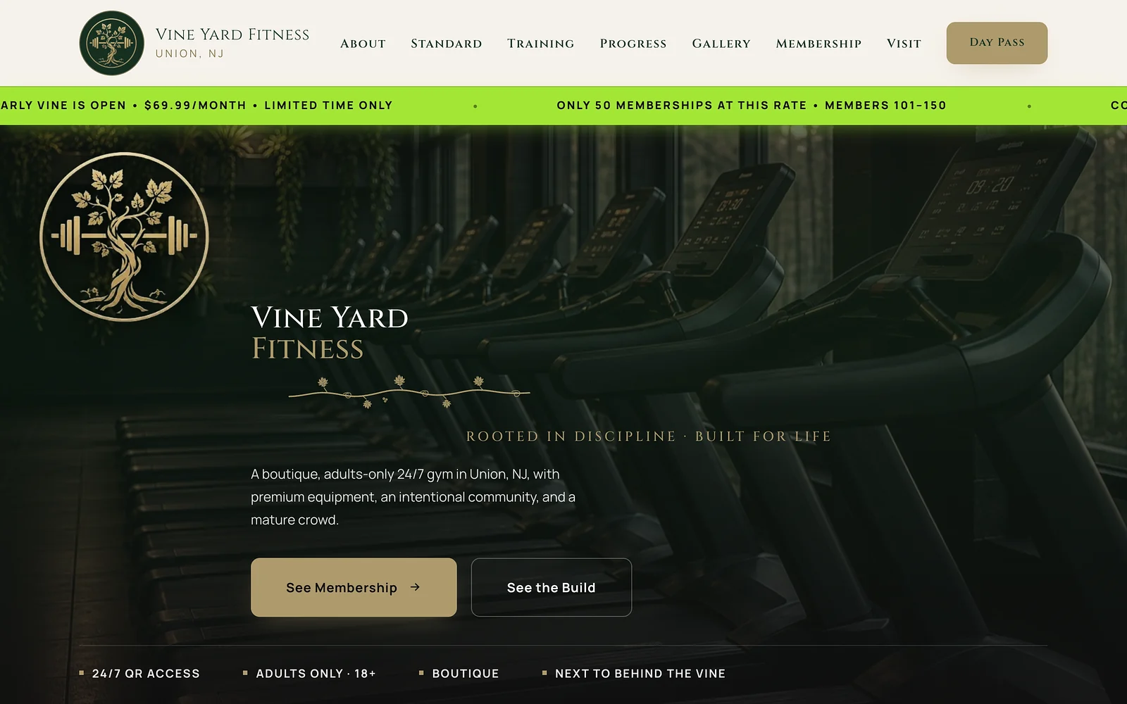Vine Yard Fitness homepage: a dark hero over a row of treadmills with the gold vine-and-barbell emblem and “See Membership” call to action.